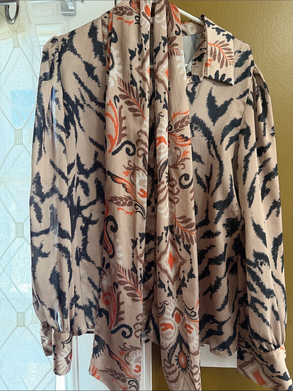 Sara Beige Blouse with Black Abstract Print and Rust Tie